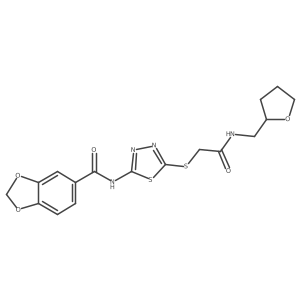 N-[5-[2-oxo-2-(tetrahydrofuran-2-ylmethylamino)ethyl]sulfanyl-1,3,4-thiadiazol-2-yl]-1,3-benzodioxole-5-carboxamide结构式