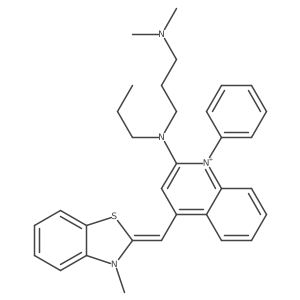 (E)-2-((2-((3-(dimethylamino)propyl)(propyl)amino)-1-phenylquinolin-4(1H)-ylidene)methyl)-3-methylbenzo[d]thiazol-3-ium结构式