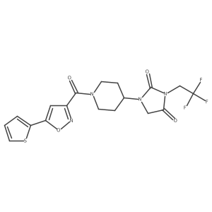 1-{1-[5-(Thiophen-2-yl)-1,2-oxazole-3-carbonyl]piperidin-4-yl}-3-(2,2,2-trifluoroethyl)imidazolidine-2,4-dione结构式