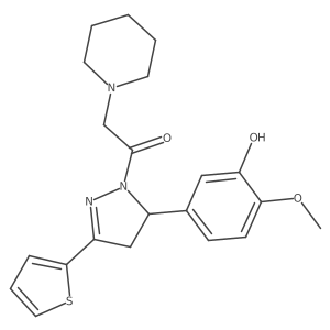 1-(5-(3-hydroxy-4-methoxyphenyl)-3-(thiophen-2-yl)-4,5-dihydro-1H-pyrazol-1-yl)-2-(piperidin-1-yl)ethanone结构式