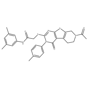 2-((7-acetyl-4-oxo-3-(p-tolyl)-3,4,5,6,7,8-hexahydropyrido[4',3':4,5]thieno[2,3-d]pyrimidin-2-yl)thio)-N-(3,5-dimethylphenyl)acetamide结构式