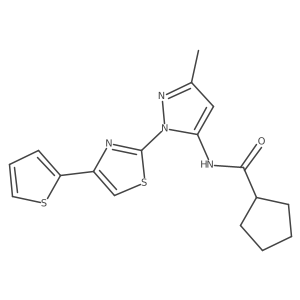 N-(3-methyl-1-(4-(thiophen-2-yl)thiazol-2-yl)-1H-pyrazol-5-yl)cyclopentanecarboxamide结构式