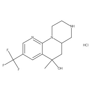 5-Methyl-3-(trifluoromethyl)-6,6a,7,8,9,10-hexahydro-5H-pyrazino[1,2-a][1,8]naphthyridin-5-ol hydrochloride结构式
