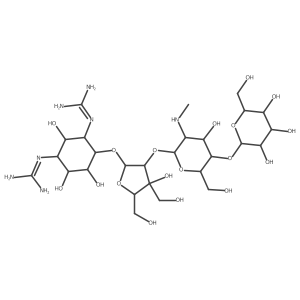 D-Streptamine, O-I(2)-D-mannopyranosyl-(1a4)-O-2-deoxy-2-(methylamino)-I+/--L-glucopyranosyl-(1a2)-O-3-C-(hydroxymethyl)-I+/--L-lyxofuranosyl-(1a4)-N,Na(2)-bis(aminoiminomethyl)-结构式