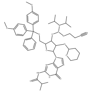 N-[9-[(2R,3R,4R,5R)-5-[[bis(4-methoxyphenyl)-phenylmethoxy]methyl]-4-[2-cyanoethoxy-[di(propan-2-yl)amino]phosphanyl]oxy-3-(oxan-2-yloxy)oxolan-2-yl]-6-oxo-1H-purin-2-yl]-2-methylpropanamide结构式