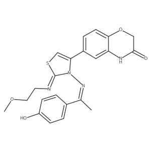 6-[2-(2-methoxyethylimino)-3-[1-(4-oxocyclohexa-2,5-dien-1-ylidene)ethylamino]-1,3-thiazol-4-yl]-4H-1,4-benzoxazin-3-one Structure