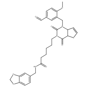 N-(1,3-benzodioxol-5-ylmethyl)-6-[1-[(5-formyl-2-methoxyphenyl)methyl]-2,4-dioxo-4a,7a-dihydrothieno[3,2-d]pyrimidin-3-yl]hexanamide Structure