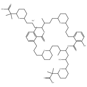Sodium (1S,13R,14S,17S,21S,33R,34S,37S)a33a[(2S)a3a[(2S,6R)a6a(1acarboxya1amethylethyl)oxana2ayl]a2ahydroxypropyl]a13a{3a[(2R,6R)a6a(1acarboxya1amethylethyl)oxana2ayl]propyl}a29ahydroxya14,34adimethyla11,31adioxoa12,32,41,42atetraoxapentacyclo[35.3.1.117,21.05,10.025,30]dotetracontaa5(10),6,8,25(30),26,28ahexaena9aolate Structure