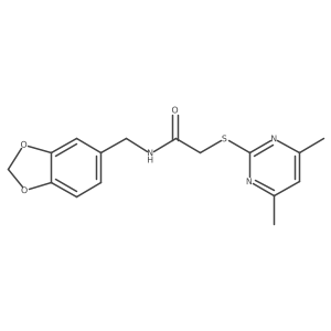 Cc1cc(C)nc(SCC(=O)NCc2ccc3c(c2)OCO3)n1结构式