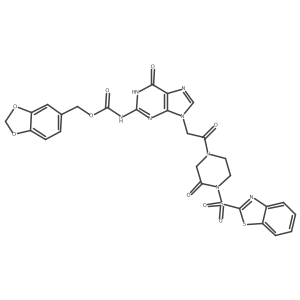 1-(Benzothiazole-2-sulfonyl)-4-{[2-N-(piperonyloxycarbonyl)-guanin-9-yl]-acetyl}-piperazin-2-one结构式