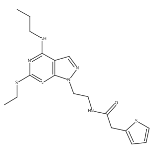 N-(2-(6-(ethylthio)-4-(propylamino)-1H-pyrazolo[3,4-d]pyrimidin-1-yl)ethyl)-2-(thiophen-2-yl)acetamide结构式