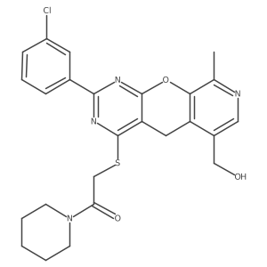 2-((2-(3-chlorophenyl)-6-(hydroxymethyl)-9-methyl-5H-pyrido[4',3':5,6]pyrano[2,3-d]pyrimidin-4-yl)thio)-1-(piperidin-1-yl)ethanone Structure
