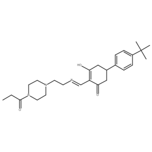 5-(4-Tert-butylphenyl)-2-({[2-(4-propanoylpiperazin-1-yl)ethyl]amino}methylidene)cyclohexane-1,3-dione Structure