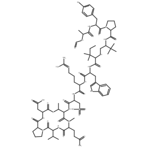 2-[(3R,6S,9S,10R,13R,16S)-6-(3-amino-3-oxopropyl)-9-[[2-[[2-[[2-[[(2S)-2-[[(2R)-2-[[(2S)-1-[(2S)-3-(4-bromophenyl)-2-[[(2R)-2-formamidopropanoyl]amino]propanoyl]pyrrolidine-2-carbonyl]amino]-3,3-dimethylbutyl]amino]-3,3-dimethylpentanoyl]amino]-3-(1H-indol-3-yl)propanoyl]amino]-5-(diaminomethylideneamino)pentanoyl]amino]-3-sulfopropanoyl]amino]-7,10-dimethyl-2,5,8,12,15-pentaoxo-3-propan-2-yl-11-oxa-1,4,7,14-tetrazabicyclo[14.3.0]nonadecan-13-yl]acetic acid Structure