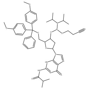 (2R,3S,5R)-2-((Bis(4-methoxyphenyl)(phenyl)methoxy)methyl)-5-(2-isobutyramido-6-thioxo-3,6-dihydro-9H-purin-9-yl)tetrahydrofuran-3-yl (2-cyanoethyl) diisopropylphosphoramidite结构式
