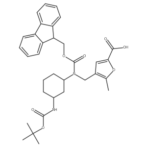 4-({[(1R,3R)-3-{[(tert-butoxy)carbonyl]amino}cyclohexyl]({[(9H-fluoren-9-yl)methoxy]carbonyl})amino}methyl)-5-methylfuran-2-carboxylic acid Structure