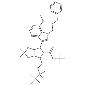 5H-1,3-Dioxolo[4,5-c]pyrrole-5-carboxylic acid, 4-[[[(1,1-dimethylethyl)dimethylsilyl]oxy]methyl]tetrahydro-6-[4-methoxy-5-[(phenylmethoxy)methyl]-5H-pyrrolo[3,2-d]pyrimidin-7-yl]-2,2-dimethyl-, 1,1-dimethylethyl ester, (3aR,4R,6S,6aS)-结构式