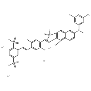Cuprate(3-), [2-[2-[4-[2-[6-[(4-amino-6-fluoro-1,3,5-triazin-2-yl)methylamino]-1-(hydroxy-kappaO)-3-sulfo-2-naphthalenyl]diazenyl-kappaN1]-5-(hydroxy-kappaO)-2-methylphenyl]diazenyl]-1,4-benzenedisulfonato(5-)]-, sodium (1:3)结构式