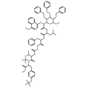Methyl (2S,5R,11S,14S,17S)-11-benzyl-2-(4-(tert-butoxy)benzyl)-5-((S)-1-(tert-butoxy)ethyl)-14-isobutyl-17-((5-methoxyquinolin-8-yl)amino)-4,7,10,13,16-pentaoxo-17-((2R,3R,4S,5S,6S)-3,4,5-tris(benzyloxy)-6-methoxytetrahydro-2H-pyran-2-yl)-3,6,9,12,15-pentaazaheptadecanoate结构式