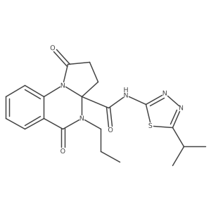 1,5-dioxo-N-[(2Z)-5-(propan-2-yl)-1,3,4-thiadiazol-2(3H)-ylidene]-4-propyl-2,3,4,5-tetrahydropyrrolo[1,2-a]quinazoline-3a(1H)-carboxamide结构式