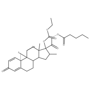 Pregna-1,4-diene-3,20-dione, 17-[(ethoxycarbonyl)oxy]-9-fluoro-11-hydroxy-16-methyl-21-[(1-oxopentyl)oxy]-, (11I(2),16I+/-)- Structure