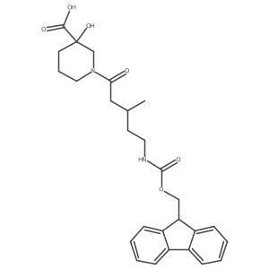1-[5-({[(9H-fluoren-9-yl)methoxy]carbonyl}amino)-3-methylpentanoyl]-3-hydroxypiperidine-3-carboxylic acid结构式