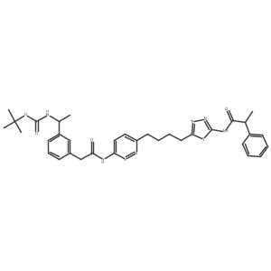tert-Butyl (1-(3-(2-oxo-2-((6-(4-(5-(2-phenylpropanamido)-1,3,4-thiadiazol-2-yl)butyl)pyridazin-3-yl)amino)ethyl)phenyl)ethyl)carbamate结构式