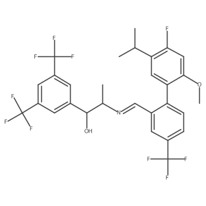 1-[3,5-Bis(trifluoromethyl)phenyl]-2-[[2-(4-fluoro-2-methoxy-5-propan-2-ylphenyl)-5-(trifluoromethyl)phenyl]methylideneamino]propan-1-ol结构式