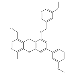 (4-((3-methoxybenzyl)thio)-2-(3-methoxyphenyl)-9-methyl-5H-pyrido[4',3':5,6]pyrano[2,3-d]pyrimidin-6-yl)methanol结构式