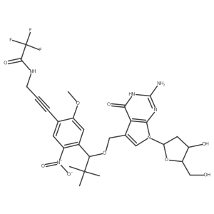 7-[(S)-1-[5-Methoxy-4-(3-trifluoroacetamido-1-propynyl)-2-nitrophenyl]-2,2-dimethyl-propyloxy]methyl-7-deaza-2 inverted exclamation marka-deoxyguanosine Structure