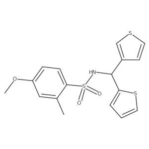 4-methoxy-2-methyl-N-(thiophen-2-yl(thiophen-3-yl)methyl)benzenesulfonamide结构式