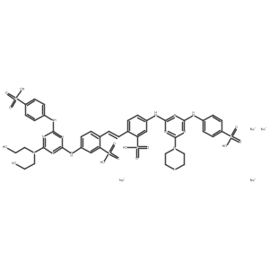 Benzenesulfonic acid, 5-((4-(bis(2-hydroxyethyl)amino)-6-((4-sulfophenyl)amino)-1,3,5-triazin-2-yl)amino)-2-(2-(4-((4-(4-morpholinyl)-6-((4-sulfophenyl)amino)-1,3,5-triazin-2-yl)amino)-2-sulfophenyl)ethenyl)-, tetrasodium salt Structure