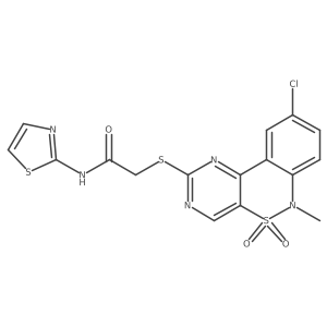 2-((9-chloro-6-methyl-5,5-dioxido-6H-benzo[c]pyrimido[4,5-e][1,2]thiazin-2-yl)thio)-N-(thiazol-2-yl)acetamide Structure