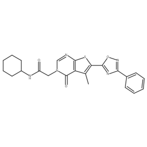N-cyclohexyl-2-(5-methyl-4-oxo-6-(3-phenyl-1,2,4-oxadiazol-5-yl)thieno[2,3-d]pyrimidin-3(4H)-yl)acetamide结构式