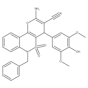 2-Amino-6-benzyl-4-(4-hydroxy-3,5-dimethoxyphenyl)-4,6-dihydropyrano[3,2-c][2,1]benzothiazine-3-carbonitrile 5,5-dioxide Structure