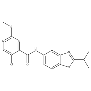 5-chloro-2-(methylsulfanyl)-N-[2-(propan-2-yl)-1,3-benzoxazol-5-yl]pyrimidine-4-carboxamide结构式