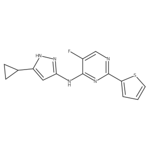 N-(5-cyclopropyl-1H-pyrazol-3-yl)-5-fluoro-2-(2-thienyl)pyrimidin-4-amine结构式