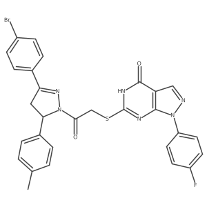 6-((2-(3-(4-bromophenyl)-5-(p-tolyl)-4,5-dihydro-1H-pyrazol-1-yl)-2-oxoethyl)thio)-1-(4-fluorophenyl)-1H-pyrazolo[3,4-d]pyrimidin-4(5H)-one结构式