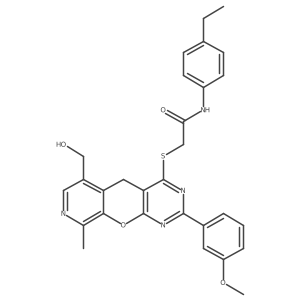 N-(4-ethylphenyl)-2-((6-(hydroxymethyl)-2-(3-methoxyphenyl)-9-methyl-5H-pyrido[4',3':5,6]pyrano[2,3-d]pyrimidin-4-yl)thio)acetamide结构式