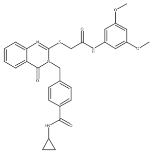 N-cyclopropyl-4-((2-((2-((3,5-dimethoxyphenyl)amino)-2-oxoethyl)thio)-4-oxoquinazolin-3(4H)-yl)methyl)benzamide结构式