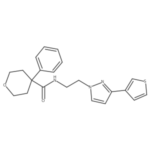4-phenyl-N-(2-(3-(thiophen-3-yl)-1H-pyrazol-1-yl)ethyl)tetrahydro-2H-pyran-4-carboxamide结构式