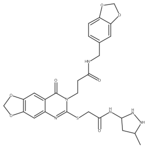N-[(2H-1,3-benzodioxol-5-yl)methyl]-3-[6-({[(3-methyl-1H-pyrazol-5-yl)carbamoyl]methyl}sulfanyl)-8-oxo-2H,7H,8H-[1,3]dioxolo[4,5-g]quinazolin-7-yl]propanamide结构式