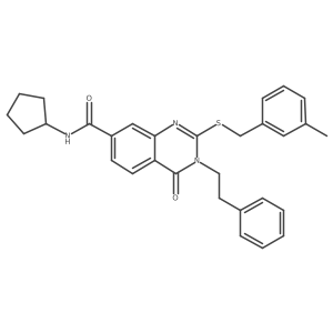 N-cyclopentyl-2-((3-methylbenzyl)thio)-4-oxo-3-phenethyl-3,4-dihydroquinazoline-7-carboxamide结构式