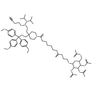 COc1ccc(C(OCC2(COP(OCCC#N)N(C(C)C)C(C)C)CCN(C(=O)CCCCCNC(=O)CCCOC3OC(COC(C)=O)C(OC(C)=O)C(OC(C)=O)C3NC(C)=O)CC2)(c2ccc(OC)cc2)c2ccc(OC)cc2)cc1结构式