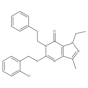 5-((2-chlorobenzyl)thio)-1-ethyl-3-methyl-6-phenethyl-1H-pyrazolo[4,3-d]pyrimidin-7(6H)-one结构式