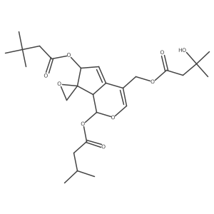 Butanoic acid, 3,3-dimethyl-, 6,7a-dihydro-4-[(3-hydroxy-3-methyl-1-oxobutoxy)methyl]-1-(3-methyl-1-oxobutoxy)spiro[cyclopenta[c]pyran-7(1H),2a(2)-oxiran]-6-yl ester, [1S-(1I+/-,6I+/-,7I(2),7aI+/-)]-结构式