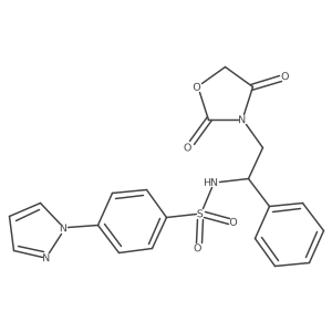 N-(2-(2,4-dioxooxazolidin-3-yl)-1-phenylethyl)-4-(1H-pyrazol-1-yl)benzenesulfonamide结构式