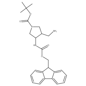 tert-Butyl (3S,4R)-3-((((9H-fluoren-9-yl)methoxy)carbonyl)amino)-4-(aminomethyl)pyrrolidine-1-carboxylate结构式