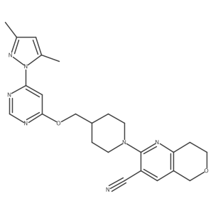 2-[4-({[6-(3,5-dimethyl-1H-pyrazol-1-yl)pyrimidin-4-yl]oxy}methyl)piperidin-1-yl]-5H,7H,8H-pyrano[4,3-b]pyridine-3-carbonitrile结构式