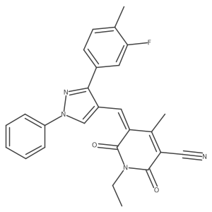 (5Z)-1-ethyl-5-{[3-(3-fluoro-4-methylphenyl)-1-phenyl-1H-pyrazol-4-yl]methylidene}-4-methyl-2,6-dioxo-1,2,5,6-tetrahydropyridine-3-carbonitrile Structure